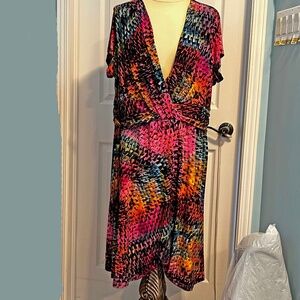 DRESS WITH FULL SKIRT, MULTICOLOUR, SIZE 3X, STRETCH FABRIC, VEE NECK, SHORT SLV